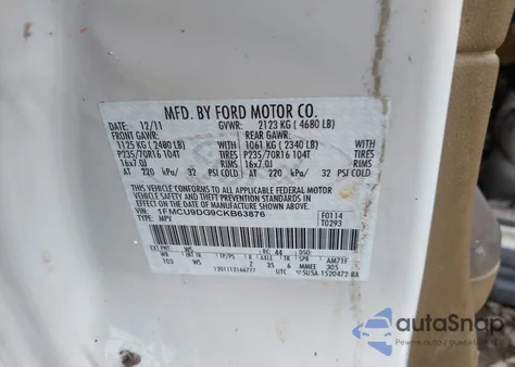 2012 Ford Escape Xlt z USA, uszkodzony, nr VIN 1FMCU9DG9CKB63876